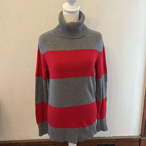 Lands End gray red striped turtleneck sweater Size S EUC - Picture 2 of 5